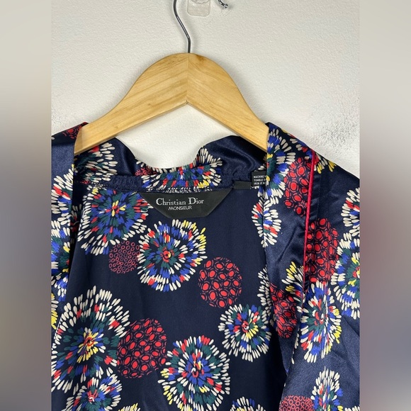 Vintage Christian Dior Monsieur Satin Robe Tie Belt Burgundy Fireworks Print OS - Picture 3 of 6